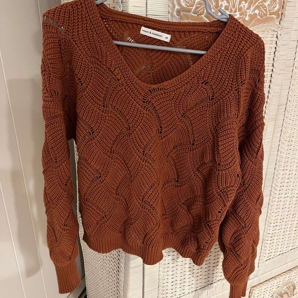 moon & madison Brown Crew Neck Sweater with Textured Knit